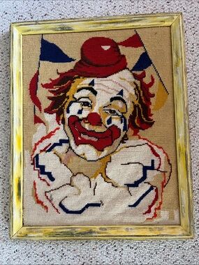 Handmade Needlepoint Clown Wall Art in Red, Blue & Yellow